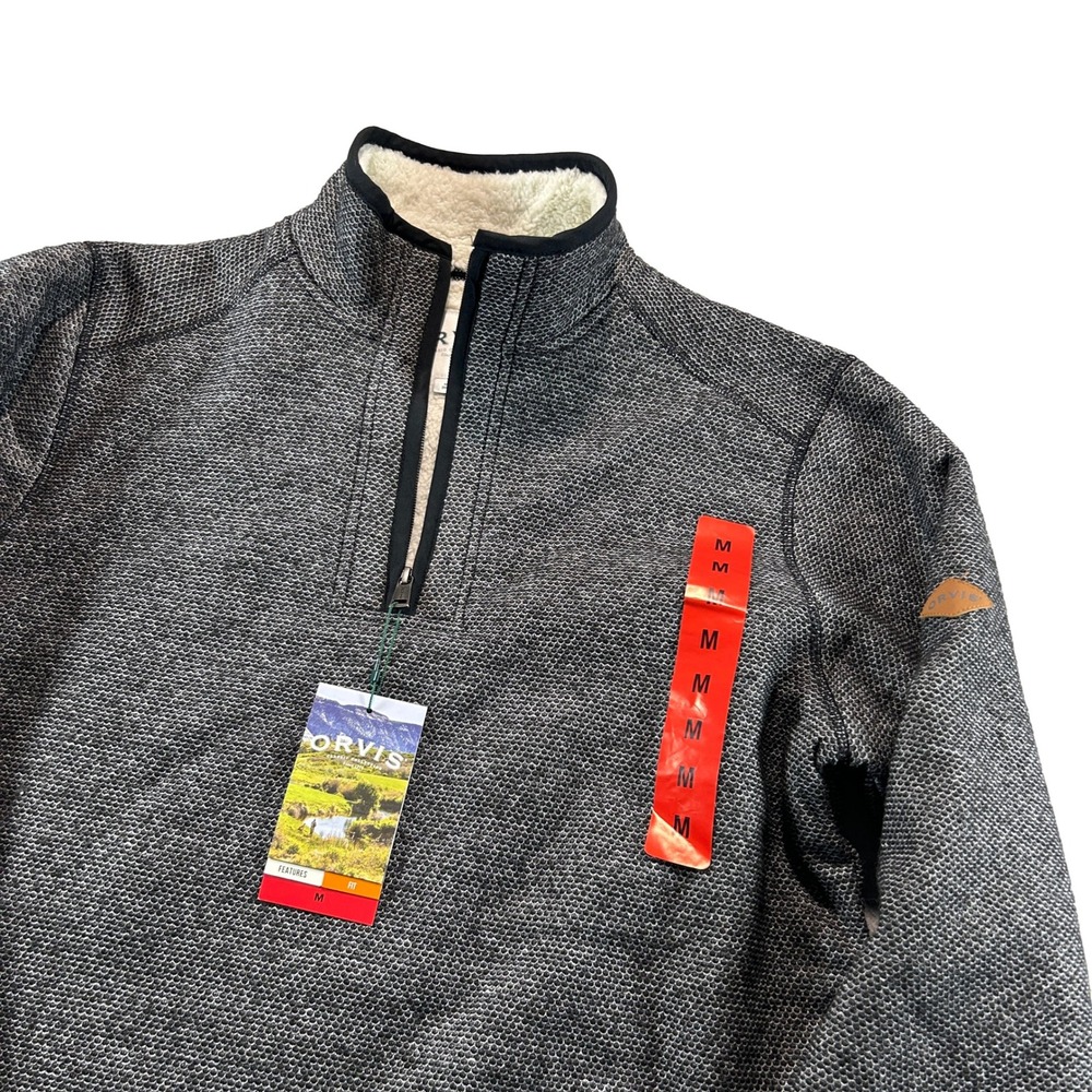 Orvis 1/4 Zip Pullover Mens Size M Grey Sherpa Lined Textured Knit Sweater